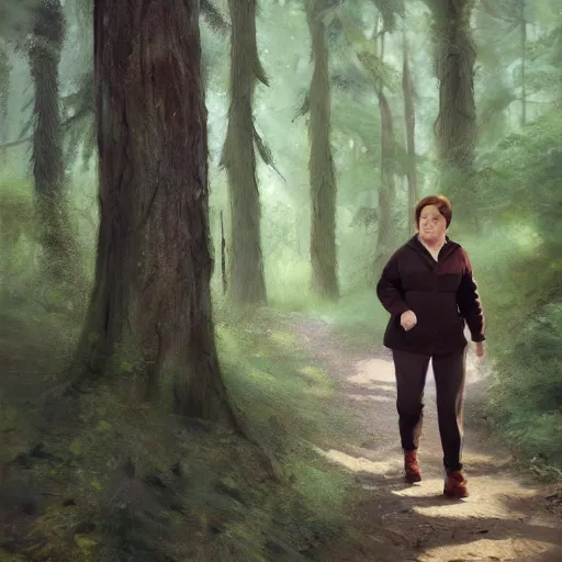 Image similar to supreme court justice elena kagan going for a walk in the woods, digital art by ruan jia and mandy jurgens and artgerm, highly detailed, trending on artstation, award winning