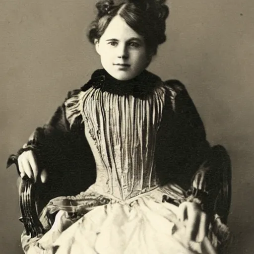 Prompt: Portrait of a girl wearing a Victorian era dress sitting on a chair, 1900s photography