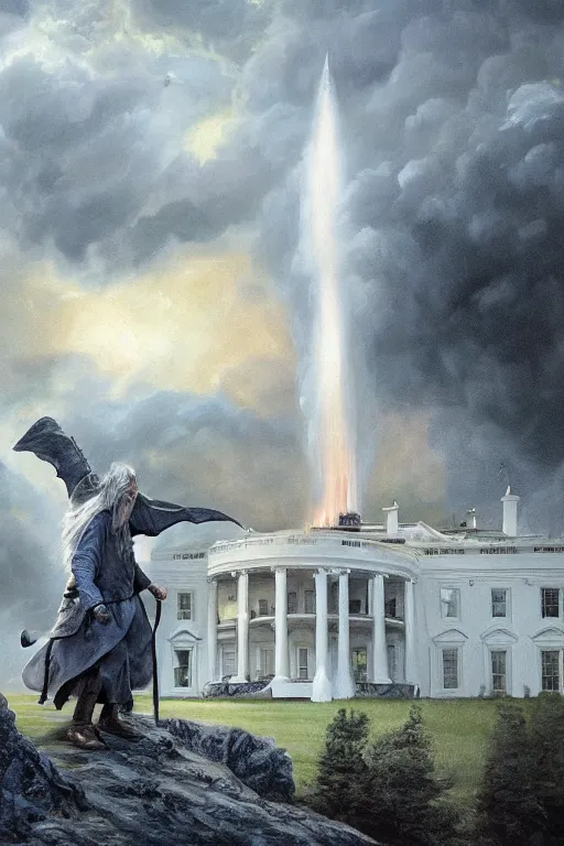 Image similar to gandalf attacks the white house, oil on canvas, intricate, 8 k highly professionally detailed, hdr, cgsociety