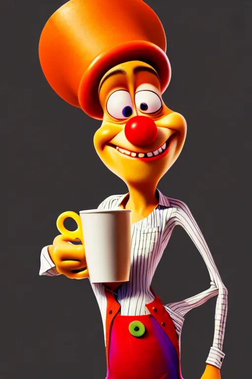 Prompt: portrait of a clown holding a cup of coffee, circus in background, full body. pixar disney 4 k 3 d render funny animation movie oscar winning trending on artstation and behance. ratatouille style.