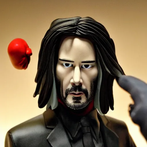 Image similar to Keanu Reeves, stop motion animation, puppet, cinematic, action,