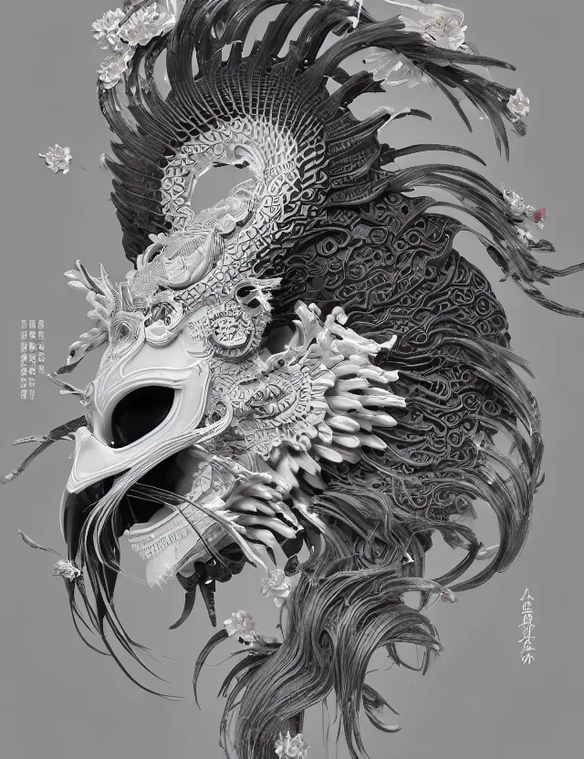 Image similar to 3 d goddess close - up profile portrait ram skull. beautiful intricately detailed japanese crow kitsune mask and clasical japanese kimono. betta fish, jellyfish phoenix, bio luminescent, plasma, ice, water, wind, creature, artwork by tooth wu and wlop and beeple and greg rutkowski