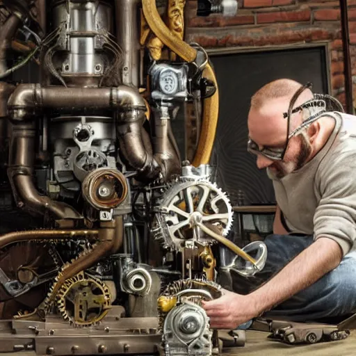 Image similar to steampunk industrialist working on a motor and feeling eureka