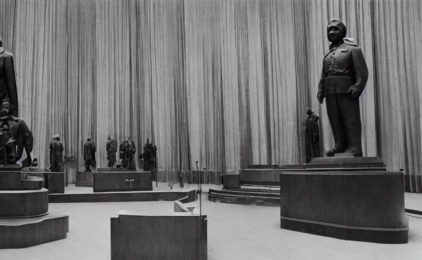 Prompt: 60s movie still of a CCCP congress with soviet flags and a bronze statue of Karl Marx stanilist style palace interior, by Irving Penn , cinestill 800t 35mm black and white, heavy grainy picture, very detailed, high quality, 4k, HD criterion, precise texture