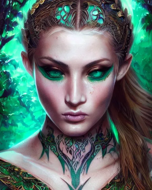 Prompt: a close - up of tattooed beautiful blonde female warrior wearing a magical emerald leotard in a magical forest, hyper realistic face, green eyes, fantasy art, in the style of greg rutkowski, illustration, epic, fantasy, intricate, insanely detailed, artstation, concept art, smooth, sharp focus, vibrant