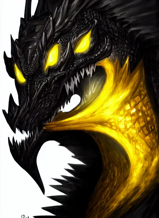 Prompt: closeup portrait of black dragon head with yellow eyes, ultra realistic, fantasy, magic, dnd,