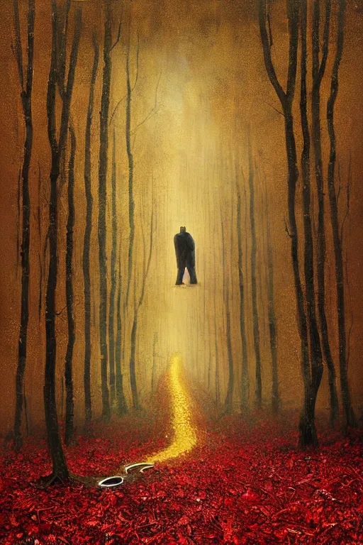 Image similar to immaculate painting of A Beautiful fine detailed gold and red and black Forest Illusion by erik johansson micro detailing
