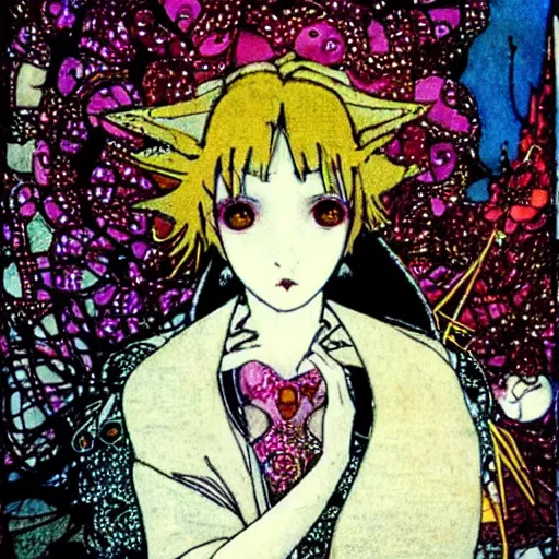 Image similar to madoka magica, artwork by Harry Clarke, magical girl looking at a cityscape