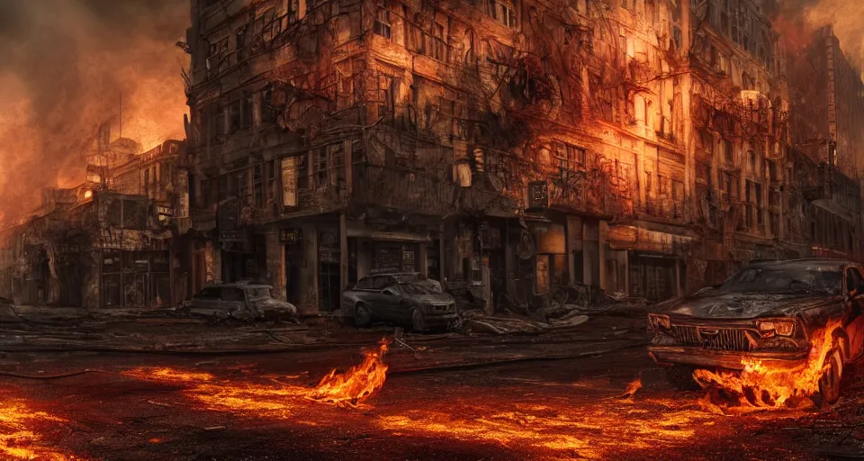 Image similar to A beautiful hyperrealistic ultradetailed matte painting of a demonic Hellhound on fire standing in the middle of city street at night in an abandoned post-apocalyptic city, unreal engine, deviant art, flickr, artstation, octane render, textured, colorful, hyperrealistic, physically based rendering, pbr render, very detailed, volumetric lighting, octane render, 4k, cinematic, 8k resolution,