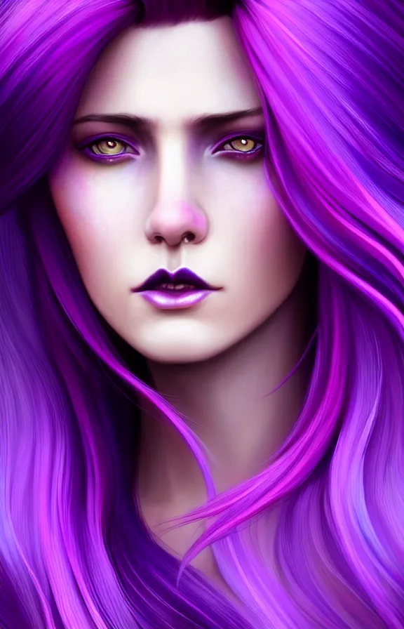 Prompt: Purple hair relistic closeup Portrait of a woman with bright colored flying hair, all shades of purple. Beauty face, Hair coloring, fantasy, intricate, elegant, highly detailed, digital painting, artstation, concept art, smooth, sharp focus, illustration, art by artgerm and greg rutkowski and alphonse mucha
