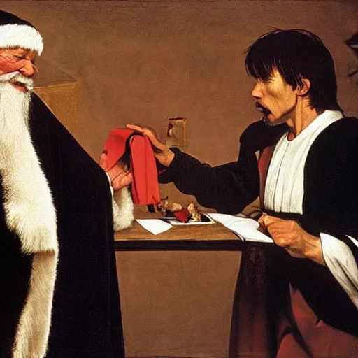 Image similar to Father Christmas arguing with Professor Brian Cox Painted by Caravaggio