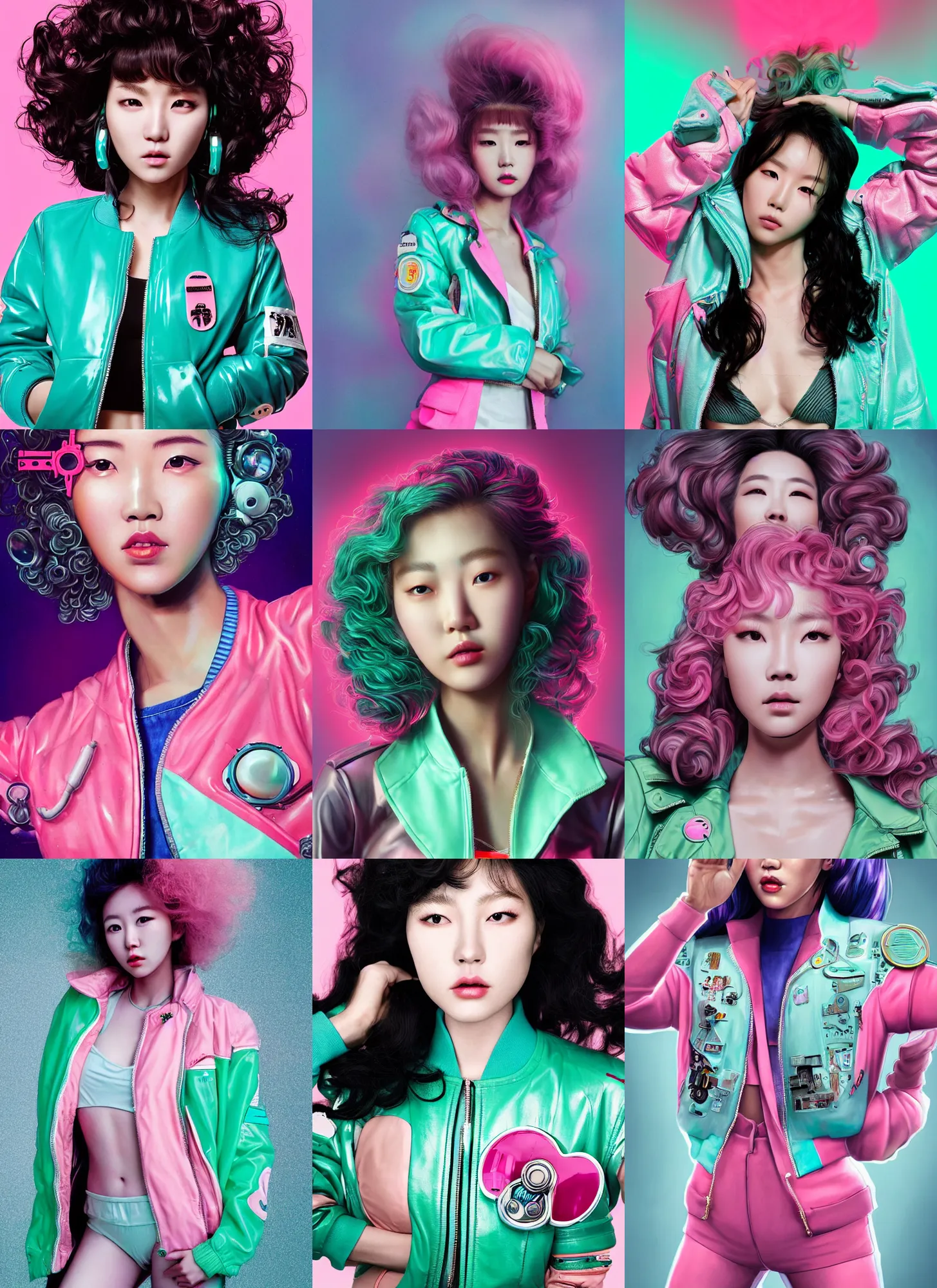 Prompt: gorgeous korean female cyborg model portrait wearing a mint - colored bomber jacket with 3 scifi pins and a pink bikini, curly hair, eighties look, retro, beautiful lights, vintage look, depth of field, hyper realistic, illustration, airbrush, 8 k, intricate, duo tone, art by david la chapelle and philip castle, artgerm