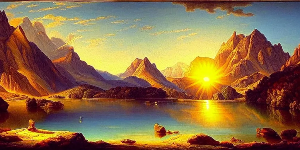 Image similar to a beautiful landscape, sun rises between two mountains, a lake in between the mountains, painting by john stephans, extremely detailed, hyper realism