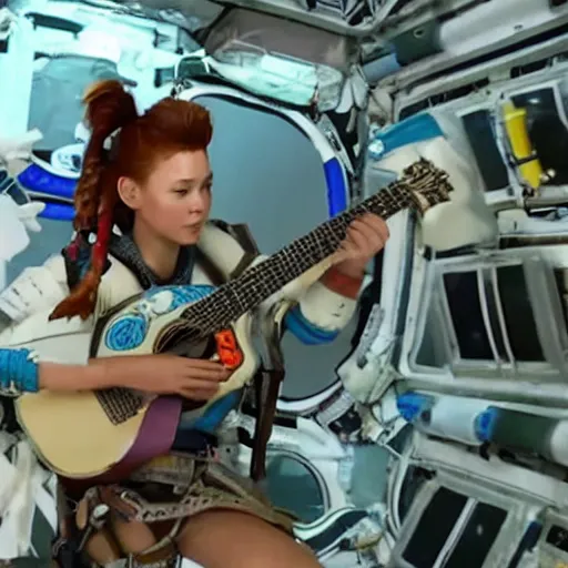 Image similar to aloy from the horizon zero dawn videogame playing the guitar in the international space station