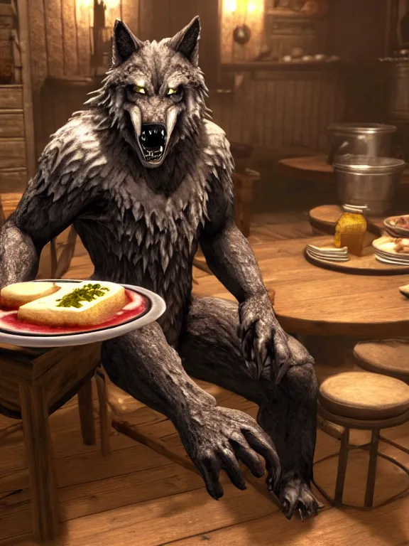 Image similar to cute handsome cuddly burly surly relaxed calm timid werewolf from van helsing sitting down at the breakfast table in the kitchen of a normal suburban home wearing a chefs apron having fun baking strawberry tart cakes unreal engine hyperreallistic render 8k character concept art masterpiece screenshot from the video game the Elder Scrolls V: Skyrim