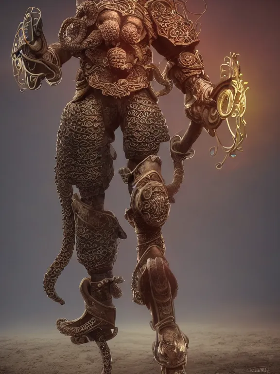 Image similar to full body frontview portrait of gladiator in octopus armour, character design, designed in blender, 4 k hd, octane render, intricate and highly detailed, coloured with lots of colour, posing