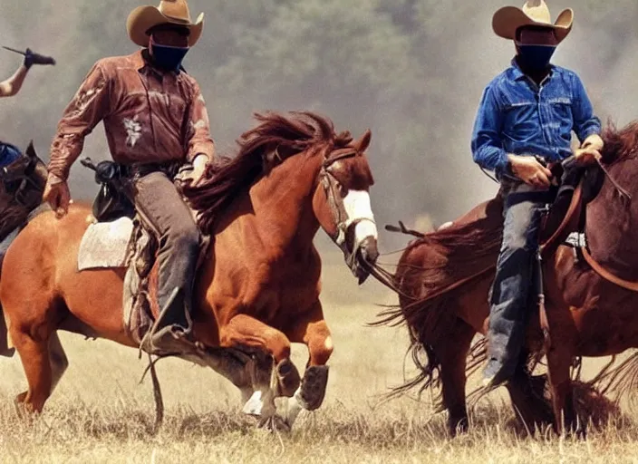Image similar to a cowboy horse chase vigilantes with face masks disguise, shoot out, exploding horse wide shot, from the hit 1 9 9 0 s tv show on tnt