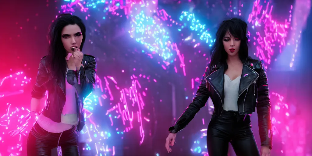 Prompt: a photo of 8k ultra realistic a black haired female in high heels and a black leather jacket performing in front of a crowd, pink and blue neon, face enhance, cinematic lighting, trending on artstation, 4k, hyperrealistic, focused, extreme details, unreal engine 5, cinematic, masterpiece