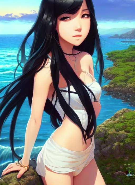 Image similar to a beautiful girl with long black hair in, island background, intricate, highly detailed, digital painting, artstation, official media, anime key visual, concept art, rich vivid colors, ambient lighting, sharp focus, illustration, art by Artgerm, Makoto Shinkai, Ilya Kuvshinov, Lois Van Baarle, and Rossdraws