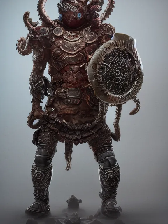 Image similar to full body frontview portrait of warrior wearing octopus armour, character, designed in blender, 4 k hd, octane render, intricate and highly detailed, coloured with lots of colour, cinematic, posing,