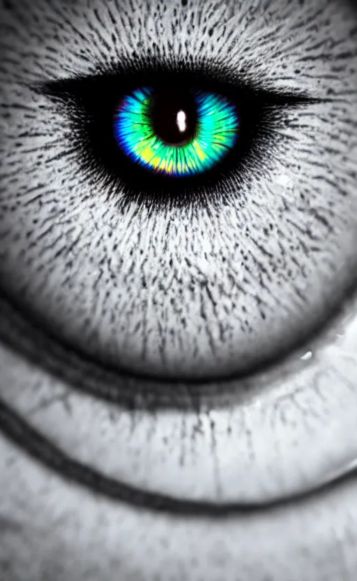 Image similar to image of an eyeball with iridescent pupil, art, photorealistic, realistic, photo, 8K, HDR, 8K resolution, detailed, high quality, high resolution, lossless quality