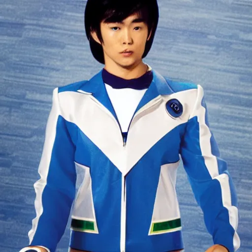 Image similar to a photograph of a super sentai Ranger wearing a dolphin themed blue and white suit, 80s aesthetic