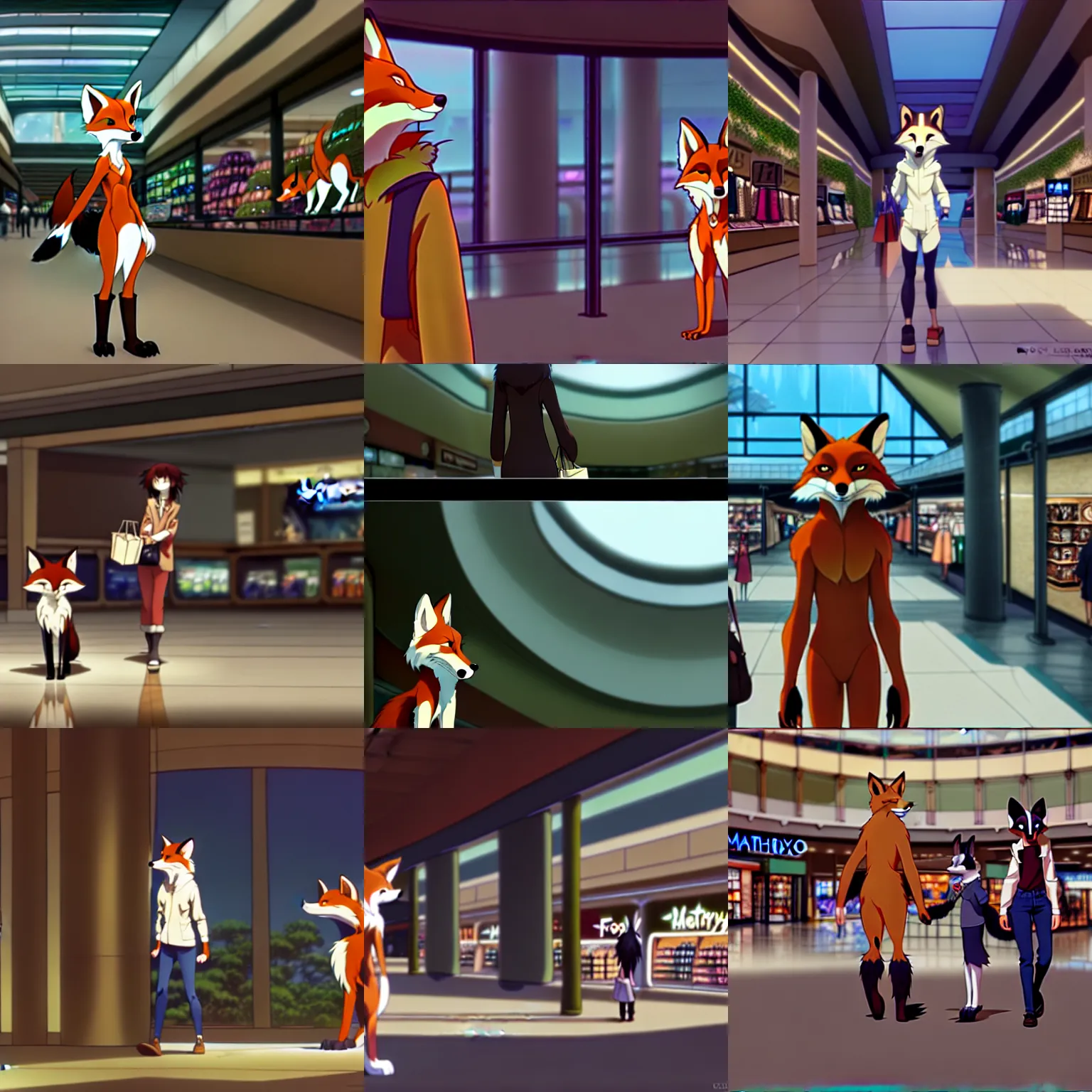 Image similar to an anthropomorphic natural furry ( fox ) shopping at a futuristic mall, photorealistic, anime, makoto shinkai, james gurney, don bluth, disney, hibbary, dark natasha, goldenwolf, furaffinity