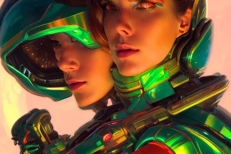 Prompt: Exhausted good looking young woman, close up portrait, wearing neon colored armour suit in a space station, elegant, intricate, retrofuturistic digital painting, artstation, concept art, smooth, sharp focus, illustration, art by artgerm and greg rutkowski and alphonse mucha