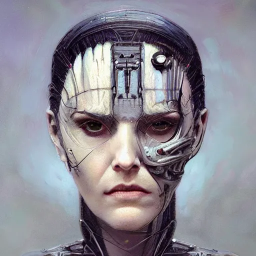 Image similar to surreal portrait of a woman by Greg Rutkowski and H.R Giger, Vincent Di Fate, cyborg of old age, symmetrical, hair as wires, haunting appearance, pale as marble, biomechanical and intricate, empty and uncany expression, frightening, space horror, fascinating, highly detailed portrait, digital painting, artstation, concept art, smooth, sharp focus illustration, duo tone, HQ.