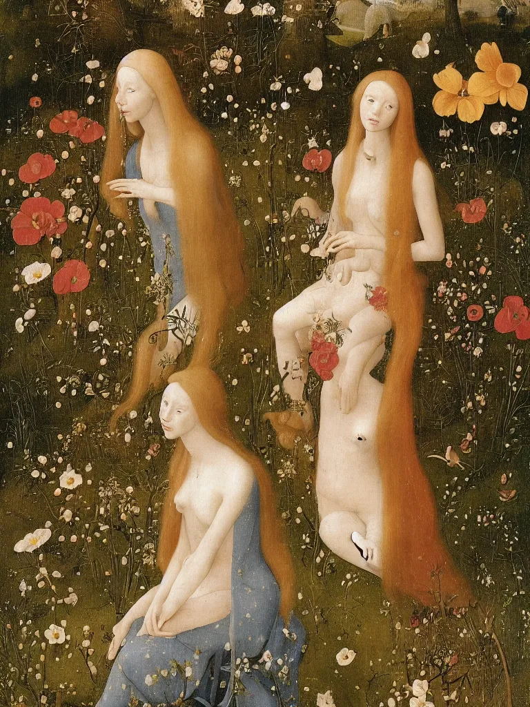 Image similar to elf maiden with long golden hair, wearing alexander mcqueen dress, sitting among flowers in the garden in the style of hieronymus bosch,