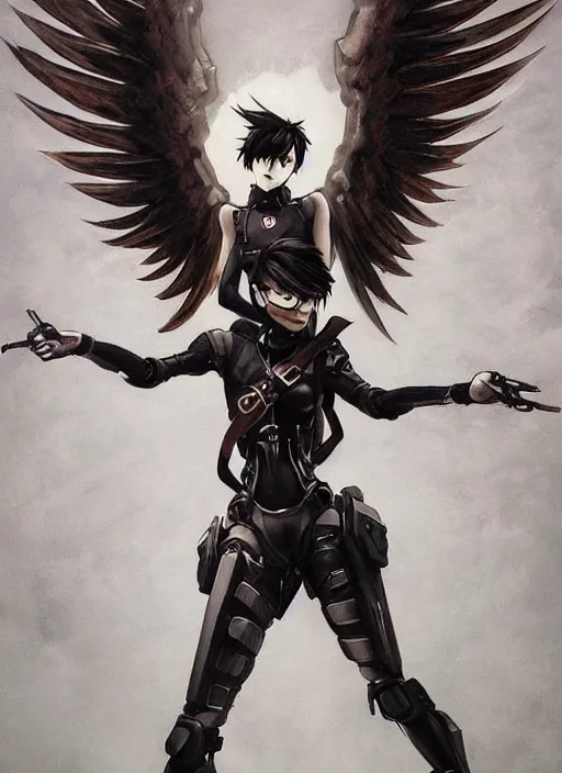 Prompt: full body artwork of tracer overwatch, wearing leather outfit, in style of zdzisław beksinski, angel wings, dramatic painting, symmetrical composition, wearing detailed steel collar, black shiny armor, chains, black harness, detailed face and eyes,