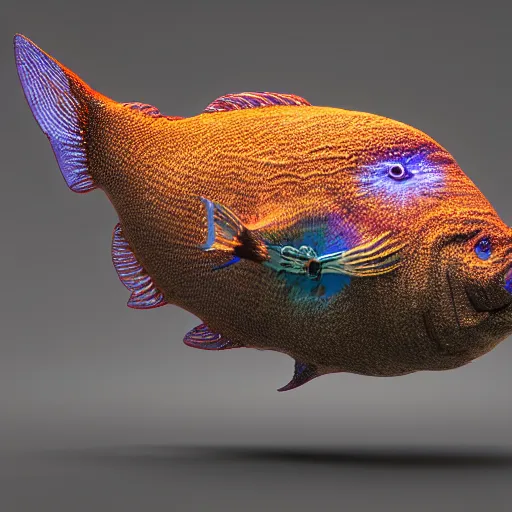 Prompt: a hyperrealistic 3 d octane render of a fish made entirely of gigantic mandelbrot fractals, unreal engine, dramatic lighting, volumetric lighting, backlit, vray lighting, ray tracing, ultra detailed, photorealism, neon, glowing