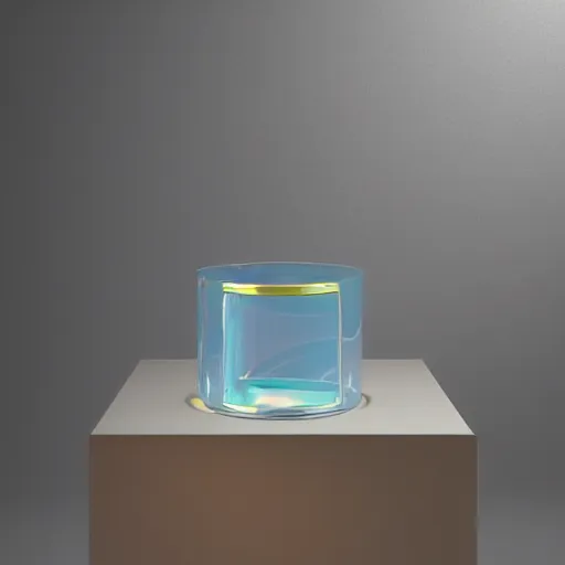 Prompt: an ultra high definition professional studio quality photograph of a transparent perspex pastel coloured wobbly shaped ashtray on a white plinth in an empty white room. dramatic lighting, ray tracing, refraction, shallow d. o. f, colour corrected, golden ratio, three point light.