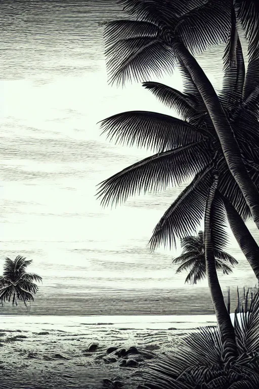 Image similar to a beautiful wood engraving on paper of a beach with coconut palms 8 k, frostbite 3 engine, cryengine, dof, trending on artstation, digital art, crepuscular ray