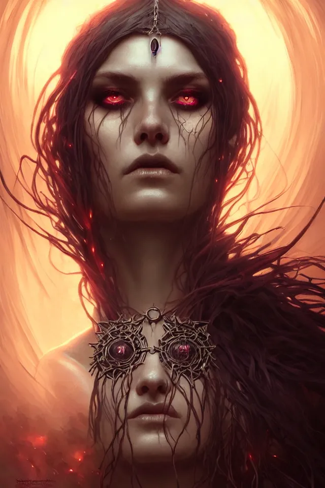 Image similar to Necromancer Sorceress face close-up macro in center, fantasy magic, undercut hairstyle, dark light night, intricate, elegant, sharp focus, illustration, highly detailed, digital painting, concept art, matte, art by WLOP and Artgerm and Greg Rutkowski and Alphonse Mucha, masterpiece