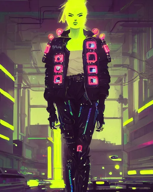 Prompt: neon operator margot robbie, cyberpunk futuristic neon, reflective puffer jacket, decorated with traditional japanese ornaments by ismail inceoglu dragan bibin hans thoma greg rutkowski alexandros pyromallis nekro rene maritte illustrated, perfect face, fine details, realistic shaded, fine - face, pretty face