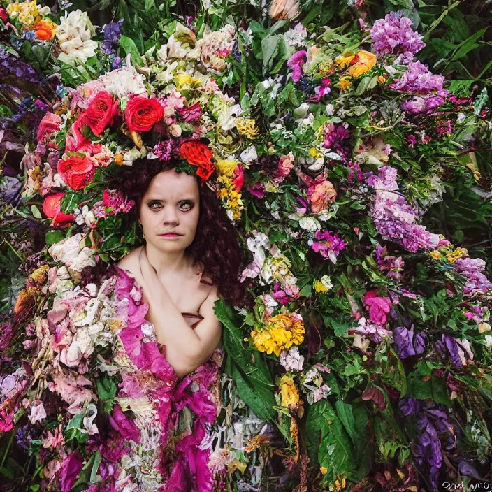 Prompt: a gorgon wearing a cloak made of flowers, by Omar Z. Robles, CANON Eos C300, ƒ1.8, 35mm, 8K, medium-format print