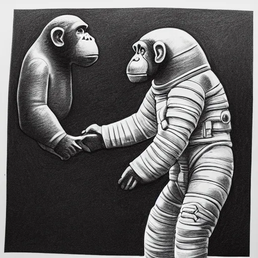 Image similar to pencil art, portait, highly detailed, epic, astronaut chimpanzee holding hands with astronaut.