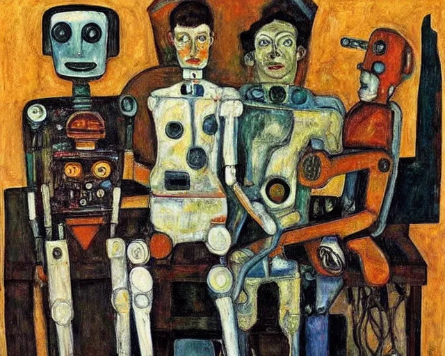 Image similar to a painting of a robot family portrait by graham sutherland, egon schiele, expressionism