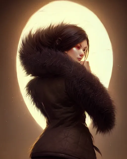 Image similar to fur - lined dragonhide jacket!!! beautiful and elegant female!! gorgeous ayes!! character concept art, sharp focus, illustration, artgerm!! greg rutkowski! wlop!! ilya kuvshinov!! marc brunet!! octane render! unreal engine 5! highly rendered!! trending on artstation!! cgi vfx!