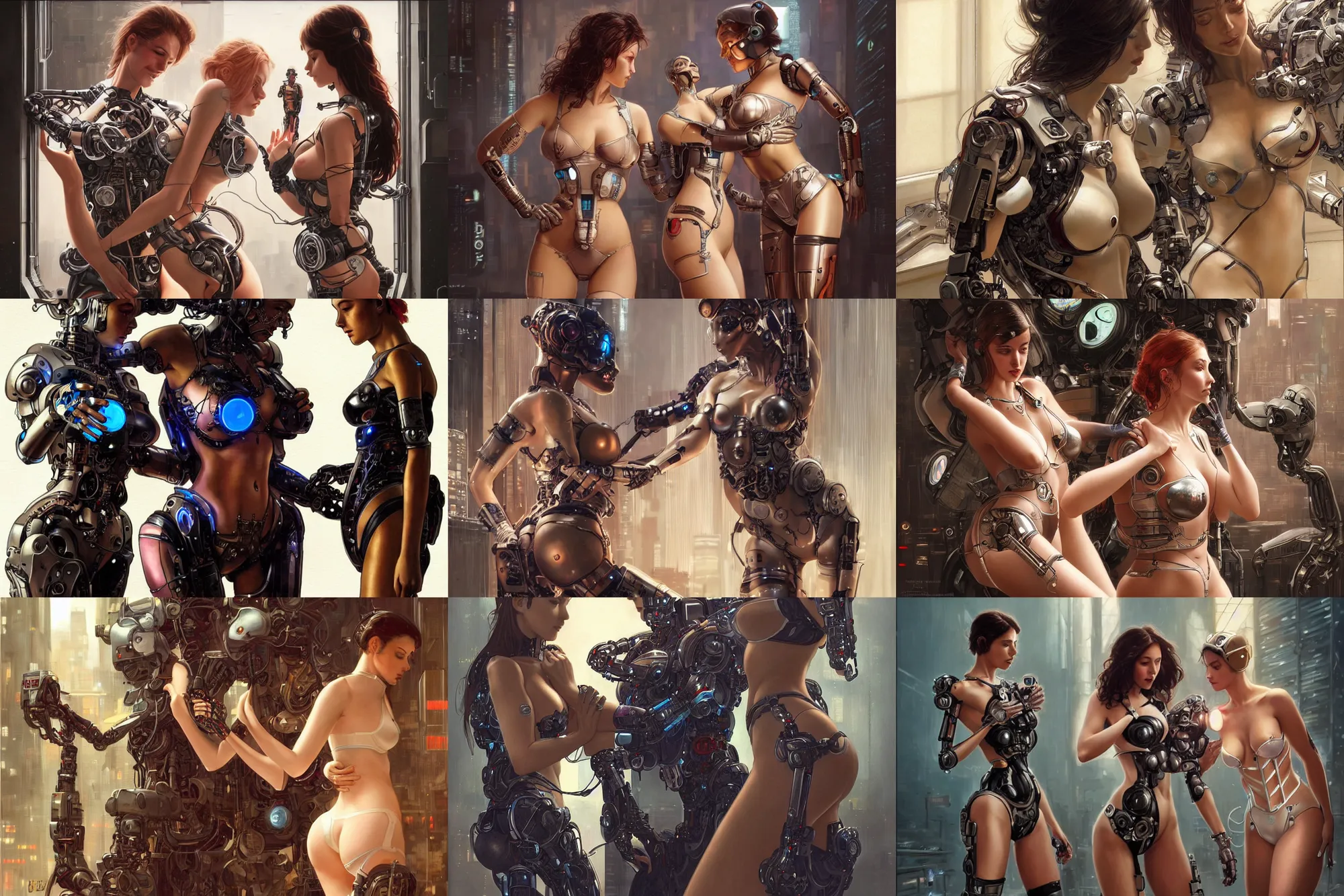 Prompt: Ultra realistic illustration, two beautiful cyborg women in lingerie embracing a robot man a robot,cyberpunk,sci-fi, fantasy, intricate, elegant, highly detailed, digital painting, artstation, concept art, smooth, sharp focus, illustration, art by artgerm and greg rutkowski and alphonse mucha