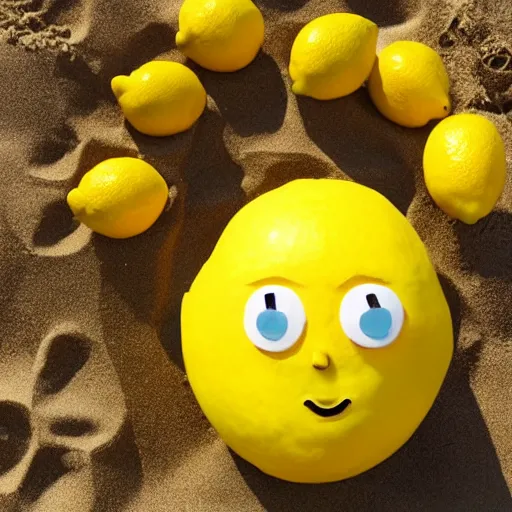 Image similar to a lemon in shape of a human with legs of lemons and round body, arms of lemons, it's relaxing on a beach, volumetric light