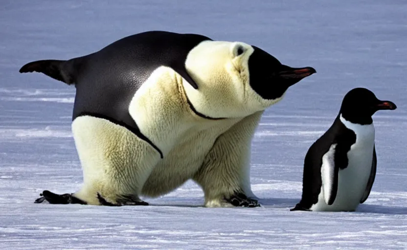 Image similar to A penguin riding a polar bear, in an epic medieval battle