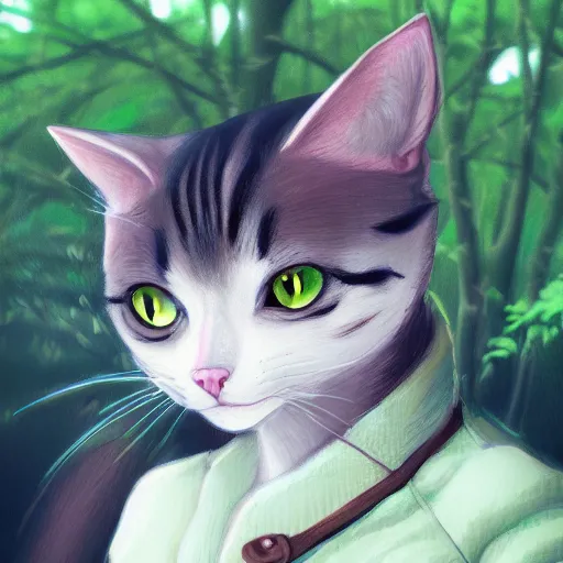 Image similar to a portrait of a cat in the forest, trending on artstation, trending on furaffinity, digital art, by kawacy, anime, furry art, warm light, backlighting, cartoon, concept art