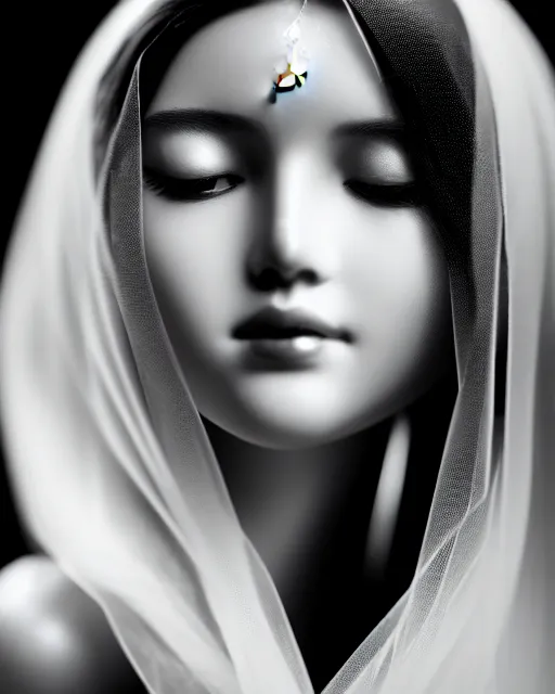 Image similar to black and white dreamy young beautiful veiled female artificial intelligence, realistic pearl ornament in the face, long hair are intricate with highly detailed realistic pearls, cinematic, rim light, bokeh, photo - realistic, elegant, high detail, 8 k, masterpiece, photo taken in 1 9 3 0