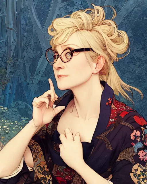 Prompt: a middle aged blonde lady with glasses, illustration, japanese painting, art by artgerm and greg rutkowski and alphonse mucha