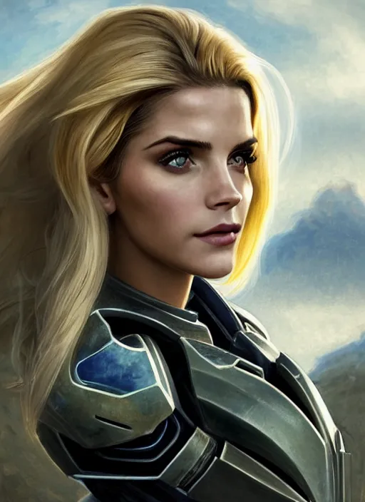 Image similar to portrait of a combination of Ashley Greene, Katheryn Winnick, Victoria Justice and Adriana Dxim, Grace Kelly, Emma Watson and Lily Collins with blonde hair wearing Forerunner Armor from Halo, countryside, calm, fantasy character portrait, dynamic pose, above view, sunny day, thunder clouds in the sky, artwork by Jeremy Lipkin and Giuseppe Dangelico Pino and Michael Garmash and Rob Rey and Greg Manchess and Huang Guangjian, very coherent asymmetrical artwork, sharp edges, perfect face, simple form, 100mm