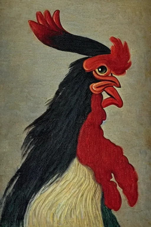 Prompt: portrait of a rooster, with top hat!!! and monocle!!!, painted by the mona lisa