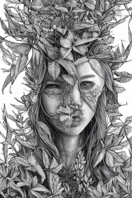 Image similar to plant fairy | digital painting | highly detailed | ultra realistic | dark fantasy | vivid colors | cinematic atmosphere | hyper detailed | black and white | strong lines