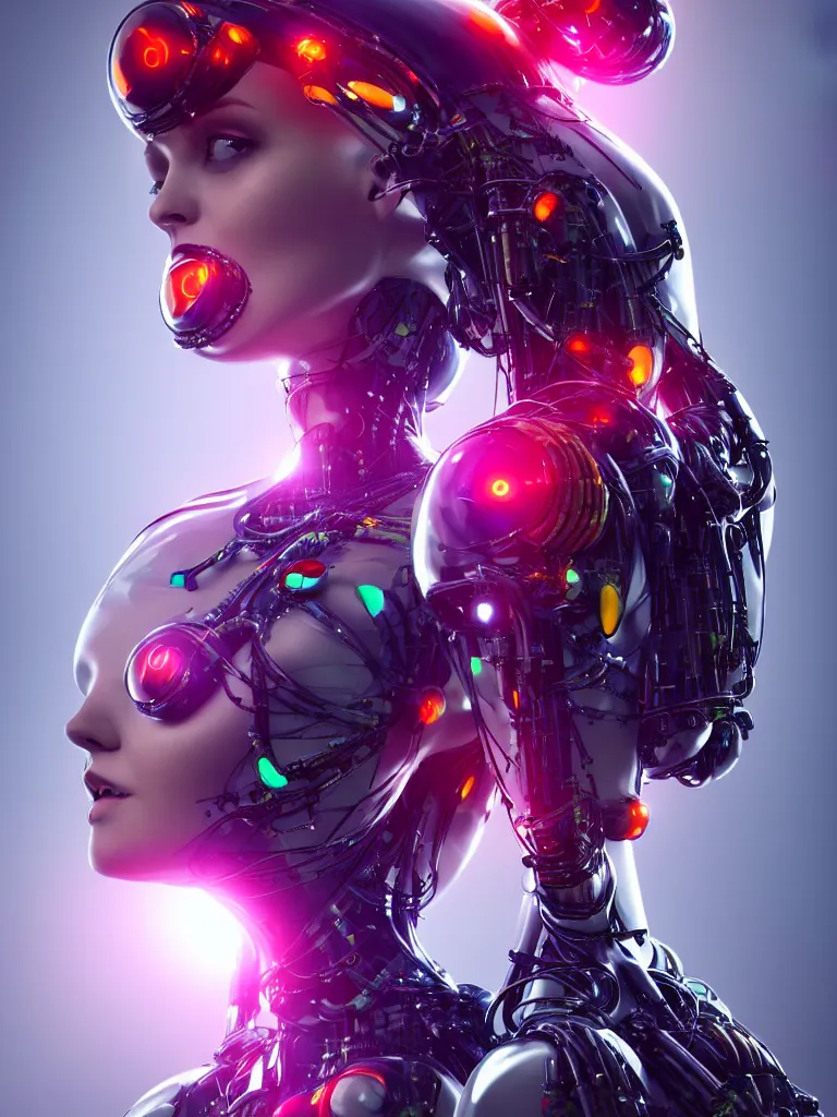 Image similar to full lenght shot woman in biomechanical dress, inflateble shapes, wearing epic bionic cyborg implants of different colors, masterpiece, intricate, biopunk futuristic wardrobe, highly detailed, artstation, concept art, background galaxy, cyberpunk, octane render